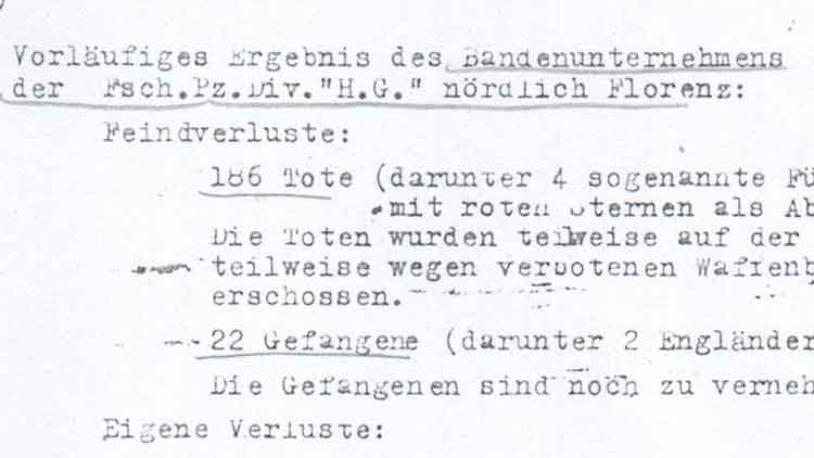 Resoconto provvisorio dei morti e prigionieri durante i rastrellamenti della Divisione Göring, aprile 1944 (BA-MA, Freiburg)
