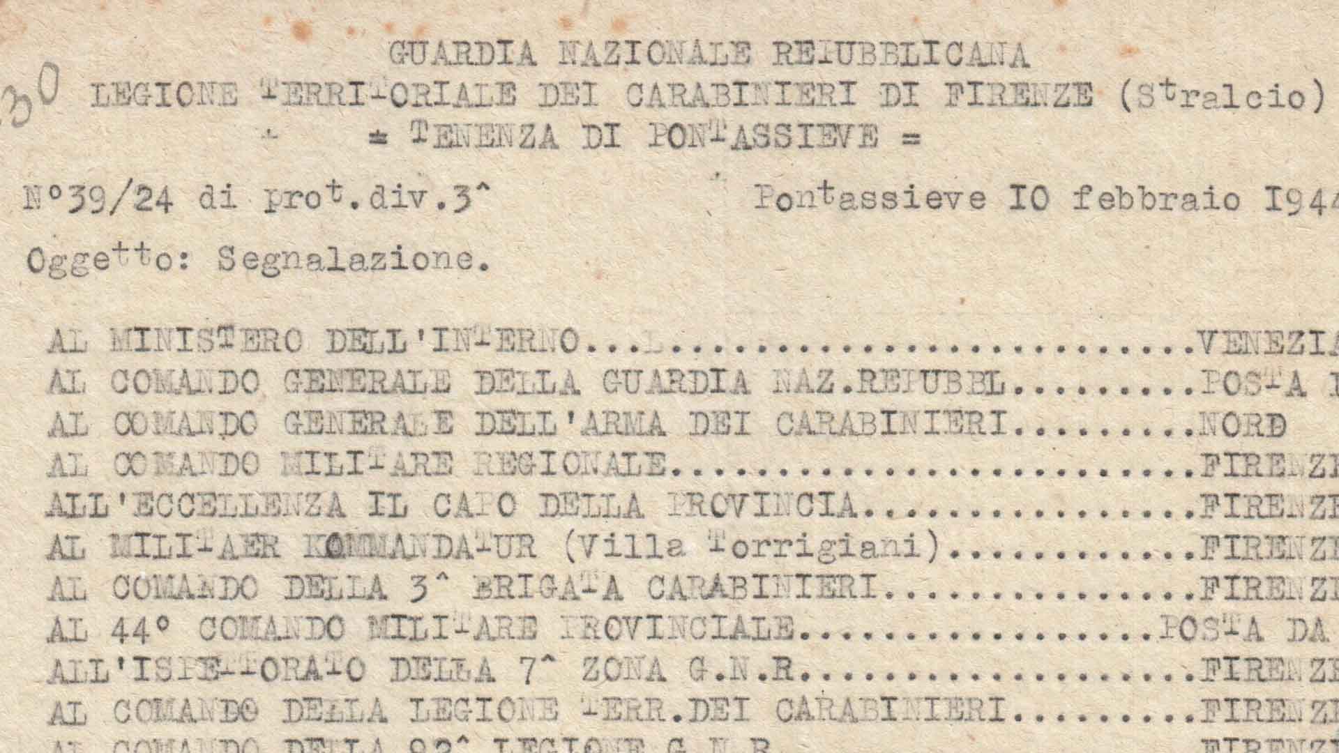 Relazione della GNR su un'azione partigiana nell'area di San Godenzo, 10
febbraio 1944