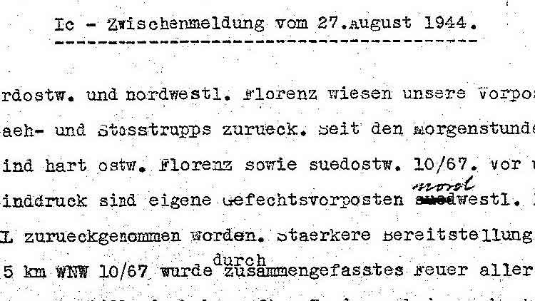 Relazione della sezione informazioni della 14a Armata della Wehrmacht sulla pressione alleata attorno a Firenze, 27 agosto 1944 (BA-MA, Freiburg)