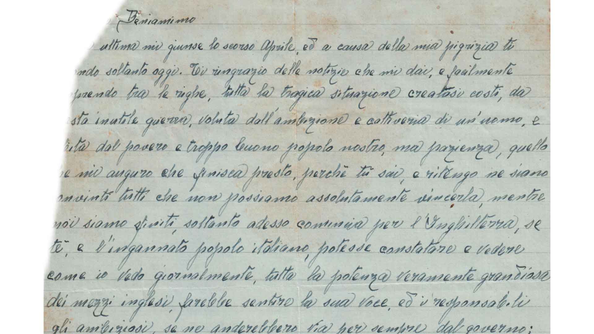 Una lettera censurata, inviata da un mittente non identificato a Beniamino Forti di Prato, 28 agosto 1942 (ACS, MI, A5G, 2GM, b.34)