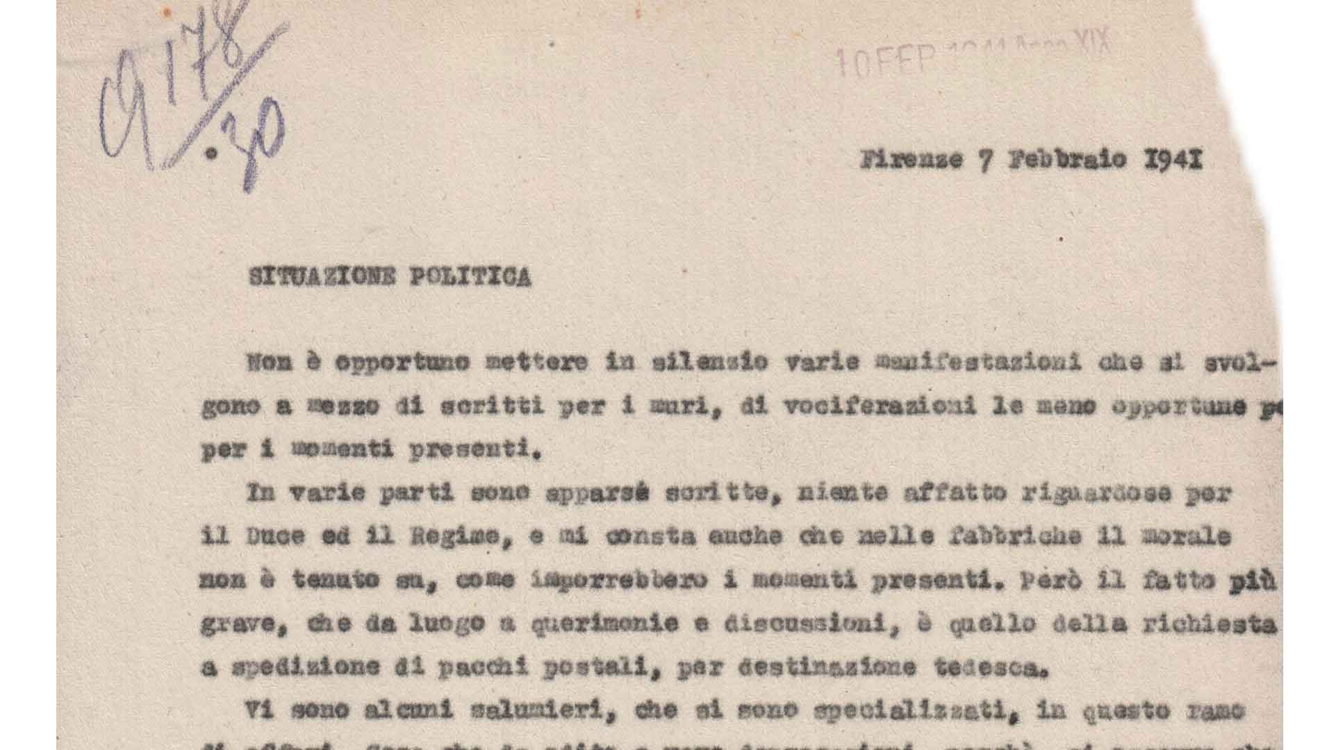 Nota di un informatore sullo “spirito pubblico” a Firenze, 7 febbraio 1941 (ACS, MI, DGPS, PP, b. 230)
