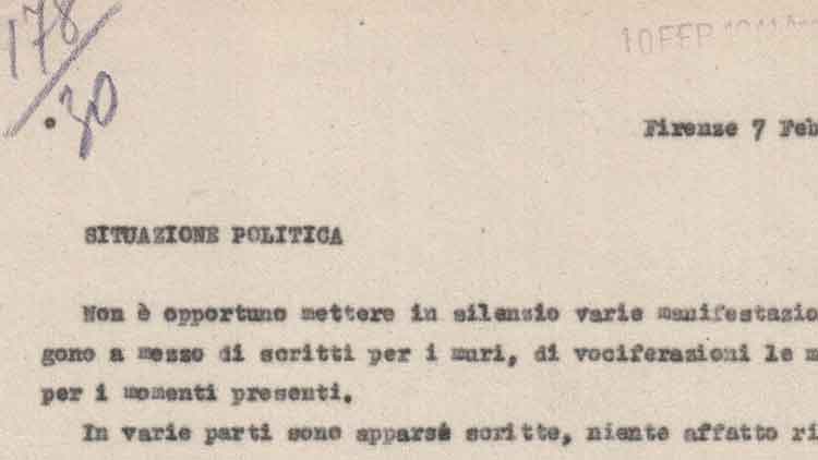 Nota di un informatore sullo “spirito pubblico” a Firenze, 7 febbraio 1941 (ACS, MI, DGPS, PP, b. 230)