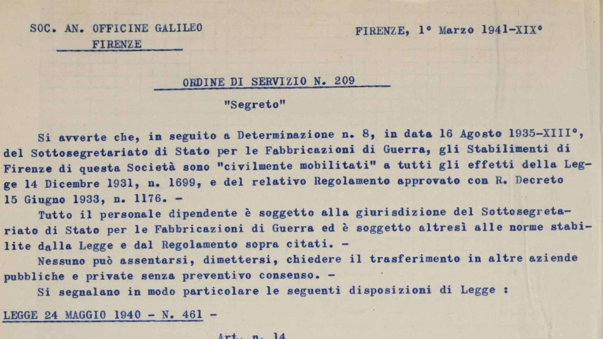 Regole di condotta per i dipendenti delle Officine Galileo, dichiarati “civilmente mobilitati”, 1 marzo 1941 (ASFi)
