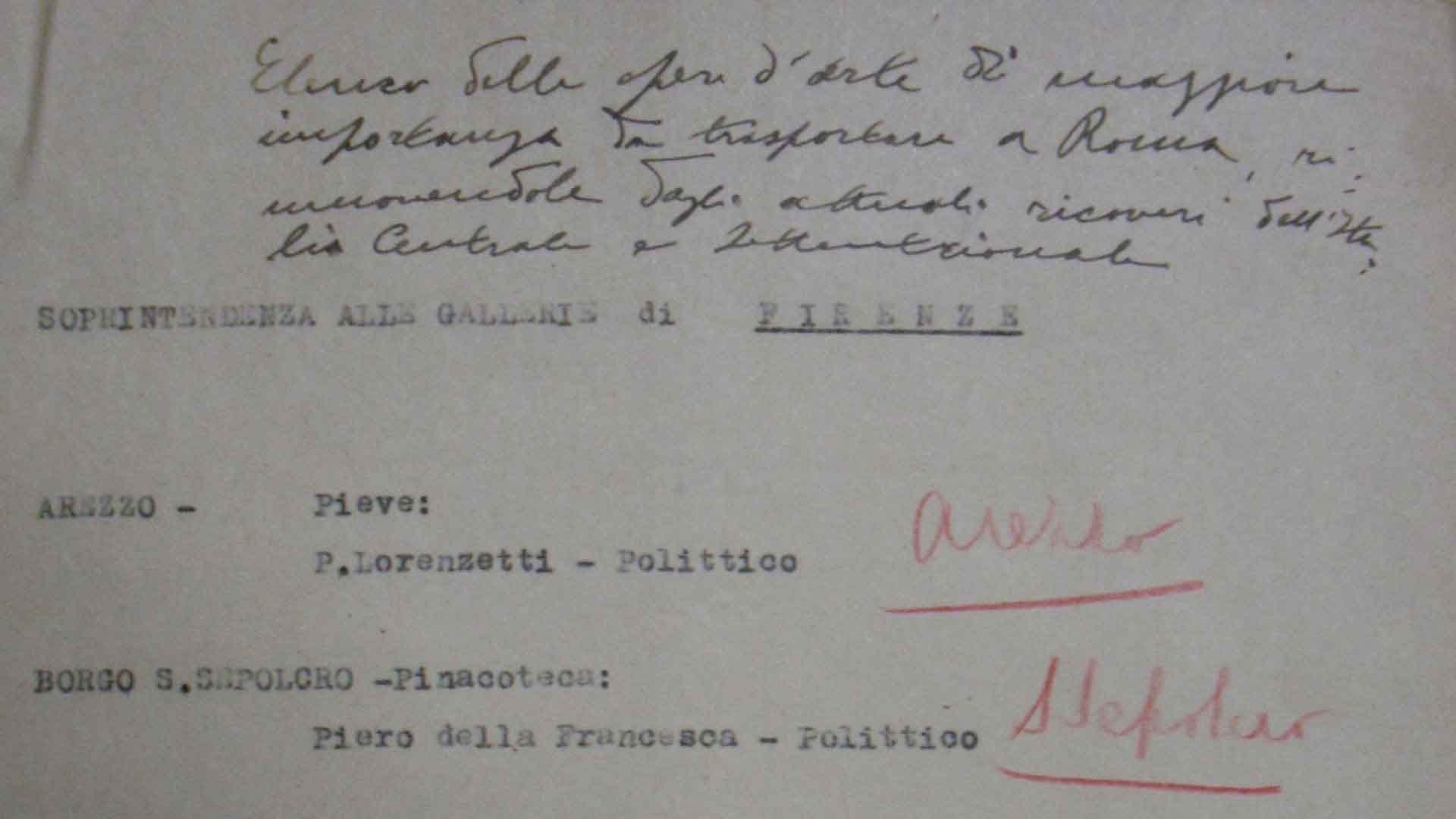 Prima pagina di un elenco di opere d'arte provenienti dai musei fiorentini con relative destinazioni, 1942/43 (Archivio storico Polo museale fiorentino)