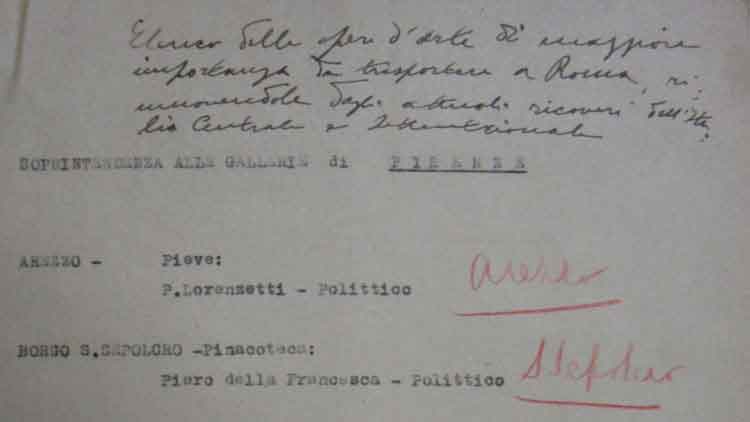 Prima pagina di un elenco di opere d'arte provenienti dai musei fiorentini con relative destinazioni, 1942/43 (Archivio storico Polo museale fiorentino)