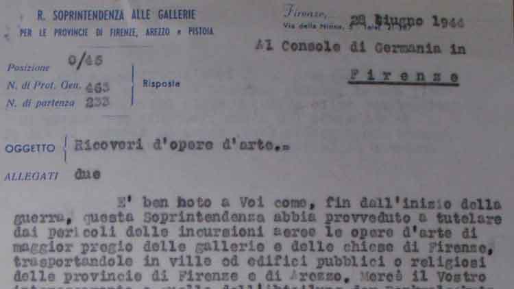 Lettera del soprintendente Poggi al console tedesco a Firenze Gerhard Wolf, 28 giugno 1944 (Archivio storico Polo museale fiorentino)