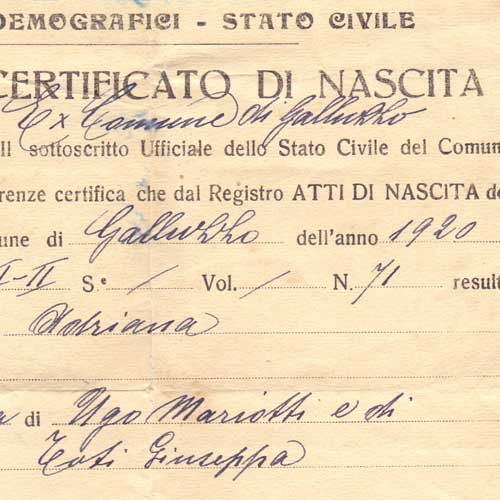 Certificato di nascita 1920 - Adriana Mariotti